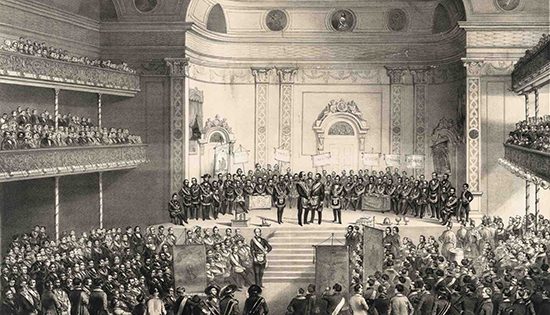 This 1851 vintage illustration depicts a large group of Freemasons gathering for a celebration.